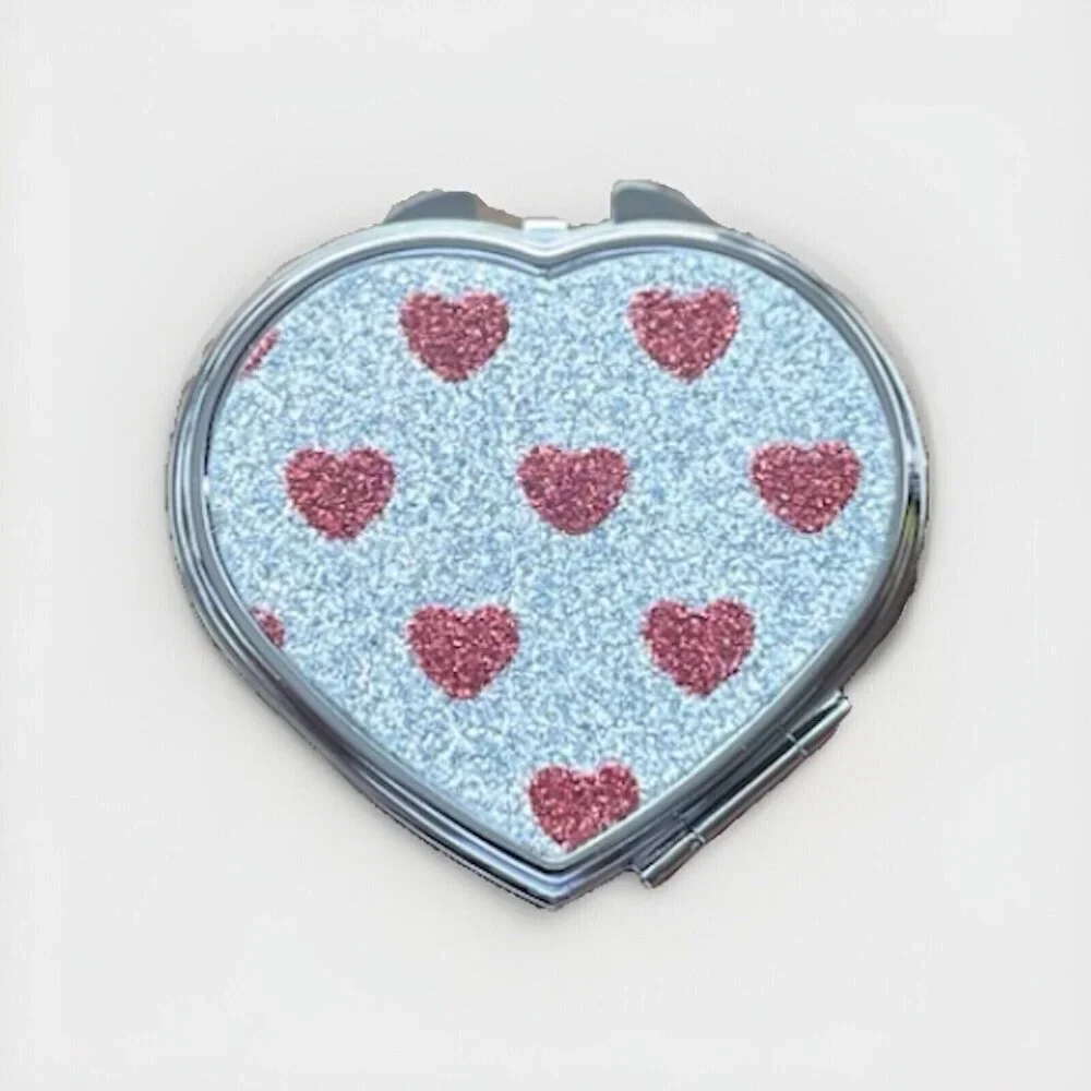 Modela Silver Heart Shaped Glitter Compact Mirror Travel Size NWT